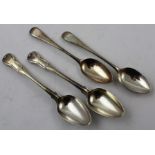 TWO MATCHED PAIRS OF GEORGIAN SILVER TABLE DESSERT SPOONS, "Hour Glass" pattern and "Old English",