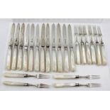 Z. BARRACLOUGH & SONS A PART SET OF EDWARDIAN SILVER DESSERT KNIVES AND FORKS with mother-of-pearl