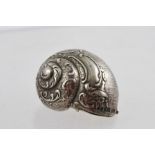 A LATE 19TH CENTURY GERMAN SILVER PILL BOX in the form of a snail, scrolling leaf, cornucopia and