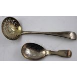 A GEORGE III SILVER SIFTER SPOON, having feather edge cut handle and pierced bowl, London 1798,