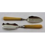 JOSEPH WILLMORE TWO GEORGE III SILVER BUTTER KNIVES, with shaped and ornamental engraved blades, a