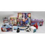 A MIXED BOX OF TOYS & GAMES including Mattel Space Patrol set, Starwars Space Shooter, Strike It
