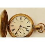 A LATE VICTORIAN/EDWARDIAN WALTHAM AMERICAN ROLLED GOLD CASED HUNTER POCKET WATCH having engine