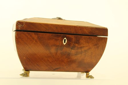 AN EARLY 19TH CENTURY TEA CADDY of sarcophagus shape, the lid with ring handle, fitted with two - Image 2 of 5