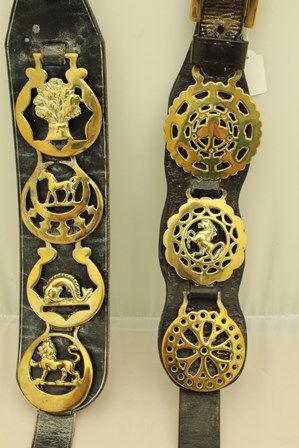 TWO 19TH CENTURY LEATHER MARTINGALE STRAPS, one mounted four brasses 108cm long, the other mounted 3 - Image 2 of 2