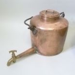 A 19TH CENTURY COPPER VESSEL with iron swing handle, lid and long neck spout with brass tap