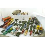 A COLLECTION OF DIE-CAST MILITARY AND OTHER MODEL/TOY VEHICLES, also includes the remains of a TIN