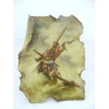 A HAND PAINTED EARTHENWARE PANEL formed as a ragged edged piece of parchment, painted in oils with a