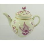 A GEORGE III PERIOD WORCESTER PORCELAIN BULLET FORM TEAPOT with hand painted puce floral decoration,