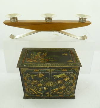 A 1960'S ELECTRO PLATE AND TEAK THREE-LIGHT TABLE CANDLESTICK, 9cm x 30cm, and a black Oriental