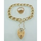 A 9CT GOLD FANCY LINK CHAIN BRACELET with 9ct gold padlock clasp together with a ROSE GOLD SIGNET