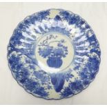 A JAPANESE CHARGER decorated in cobalt blue, basket of flowers to sole, with fluted rim, 38cm