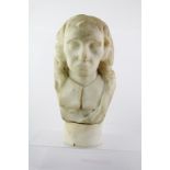 A CARVED ALABASTER BUST OF MILTON, 36cm high