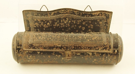 A 19TH CENTURY TOLEWARE CANDLE BOX painted tin plate of cylindrical form, with hinged cover and wall