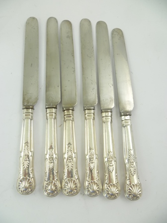 MARTIN HALL AND CO. A SET OF SIX VICTORIAN SILVER HANDLED DINNER KNIVES, Kings pattern with steel - Image 2 of 2