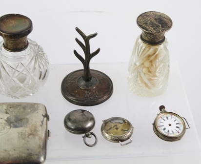 A MIXED LOT OF SILVER, comprising two cigarette cases, two watches, three bottles, a ring tree and a - Image 2 of 5