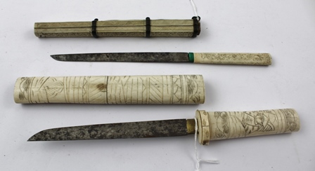 A JAPANESE MEIJI PERIOD CARVED BONE TRAVELLING EATING SET, comprising knife in scabbard with bound - Image 2 of 2