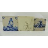 A 20TH CENTURY DELFT TILE, painted in sepia with a girl seated upon a beach, 15.5cm square, together