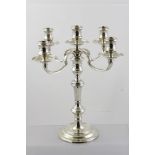 R** G** A GEORGIAN STYLE SILVER FIVE-LIGHT FOUR-BRANCH CANDELABRUM, having turned integral sconces