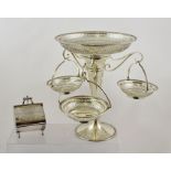 A SILVER PLATED EPERGNE with pierced dish top, three arms support matching pierced baskets,