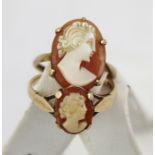 TWO 9CT GOLD MOUNTED DRESS RINGS each set with a single shell cameo, sizes N1/2 and M