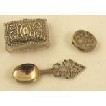 A SILVER CAPPED SQUARE DRESSING TABLE BOX with pressed decoration, an oval foreign silver coloured