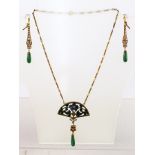 A SUITE OF ART NOUVEAU STYLE GILT METAL JEWELLERY, comprising a green and blue floral enamel