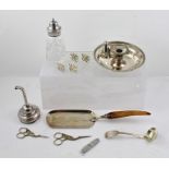 A SELECTION OF PLATED WARES, comprising a crumb scoop, wine funnel, chamber stick, two pairs of