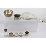 AN ASSORTMENT OF SILVER ITEMS, to include a hand mirror, bowl monogramed "G", scent bottle, a