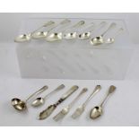 AN ASSORTMENT OF SILVER FLATWARE, nine assorted spoons, "Rattail" ladle, two forks and mother-of-