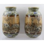 A PAIR OF DOULTON LAMBETH STONEWARE VASES, circa 1900, with sgraffito incised decoration of cattle