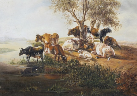 ENGLISH SCHOOL Cows watering in a summer landscape, an early 20th century Oil on panel in the 18th - Image 2 of 3