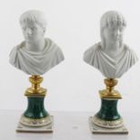 A PAIR OF LATE SEVRES MARKED PARIAN BUSTS, depicting ancient world portraits, raised on gilded