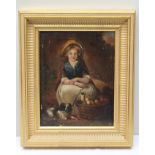 19TH CENTURY ENGLISH SCHOOL Patiently Waiting, a girl wearing a bonnet with a basket of fruit and