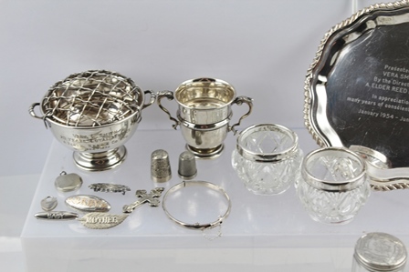 A SELECTION OF SILVER ITEMS, comprising a waiter (engraved) with gadroon rim, rose bowl and grill, a - Image 2 of 7