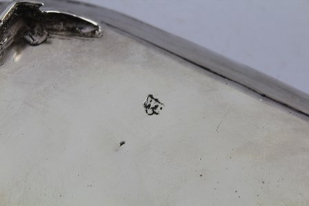 AN 18TH CENTURY SQUARE SILVER CARD TRAY, having raised rim on applied bracket feet, engraved - Image 7 of 7