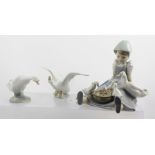 A LLADRO FIGURINE "My Hungry Brood", a girl seated with ducks, 17cm high, together with TWO GEESE