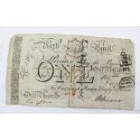 AN EARLY BATH WHITE PAPER ONE POUND BANK NOTE bears various stamps and ink signatures 10.5cm x 19cm