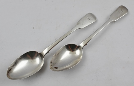 EMMANUEL LEVY A PAIR OF GEORGE III SILVER TABLE SPOONS, "fiddle" pattern, monogrammed "H", Exeter