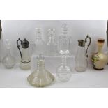 A LATE 19TH CENTURY CUT GLASS SHIP'S DECANTER, TWO CLARET JUGS, a painted opaline glass VASE, and