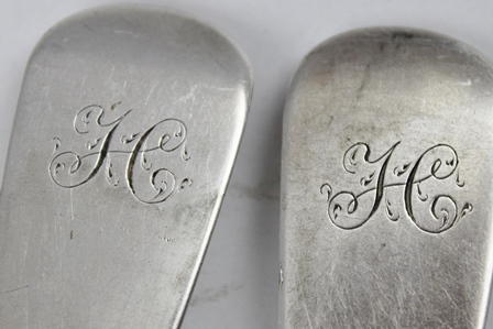 EMMANUEL LEVY A PAIR OF GEORGE III SILVER TABLE SPOONS, "fiddle" pattern, monogrammed "H", Exeter - Image 2 of 3