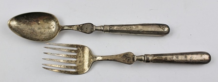 WILLIAM ELEY & WILLIAM FEARN A PAIR OF GEORGE III SILVER SERVERS, comprising fork and spoon,