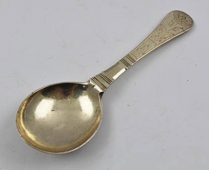 AN 18TH CENTURY DUTCH WHITE METAL SPOON, having chased floral design to handle, engraved to the back