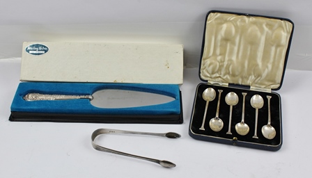 JOHN SANDERSON & SON LTD. A SET OF SIX SILVER COFFEE SPOONS, Sheffield 1936, cased, a pair of George