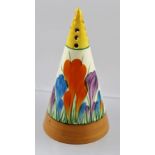 A 1930's CLARICE CLIFF CONICAL SUGAR SIFTER, hand painted in the "Autumn Crocus" design, printed