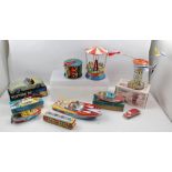 A COLLECTION OF NINE TIN-PLATE TOYS, some with original boxes, includes racing car, speed boat,