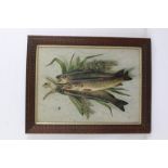 LATE 19TH CENTURY A catch of three trout hanging from a hook, an embossed Chromolithographic
