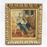 BRIAN TOVEY "Boy nursing his rabbit", Interior Scene, Oil on board, signed, 15cm x 13cm in ornate