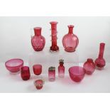 A COLLECTION OF CRANBERRY GLASS, includes vases, bowls and jugs, 12 items in all