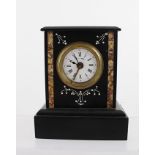 A 19TH CENTURY FRENCH ALARM MANTEL CLOCK, decorated black slate, with enamel dial and adjustable